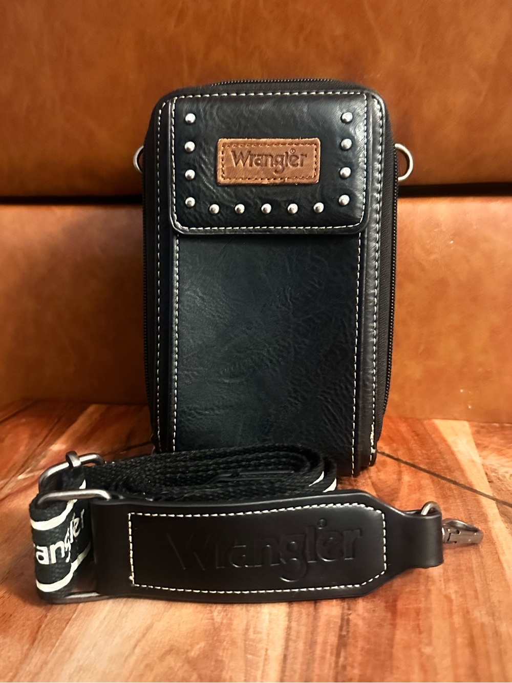 Wrangler Black Leather Crossbody Phone Pouch with Brown Logo Patch